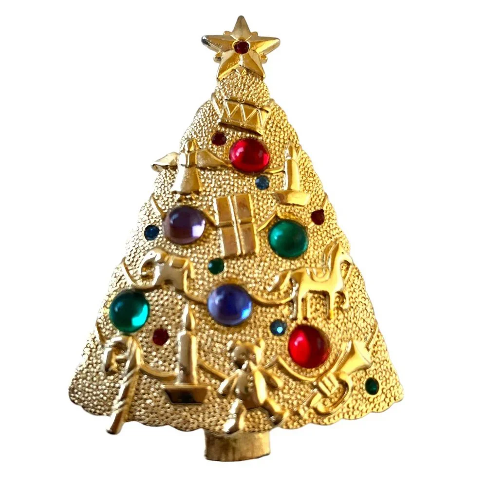 JJ 1986 Christmas Tree Brooch Pin Rhinestones Star Gold Tone Signed